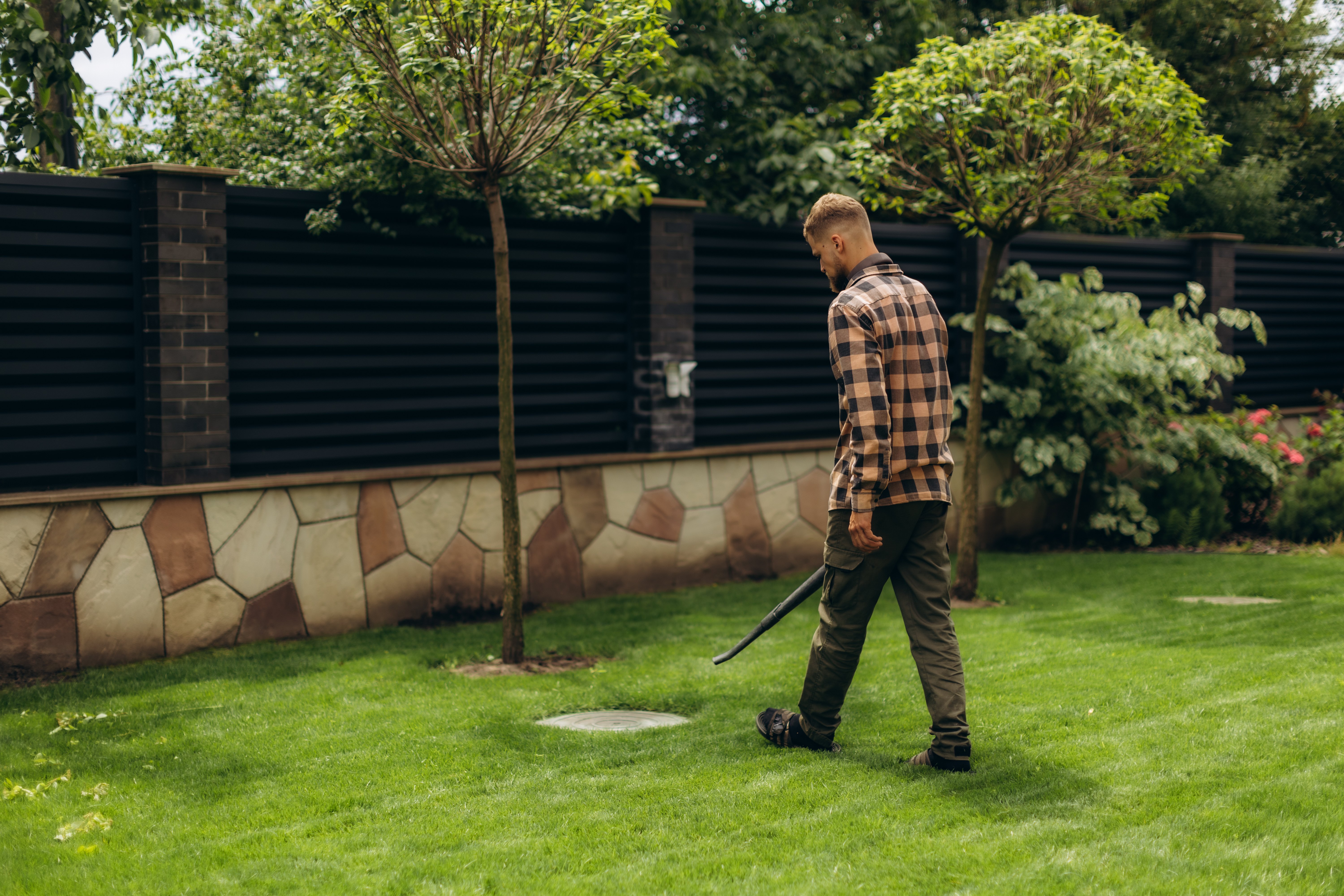 Male gardener blowing leaves in a residential backyard, performing professional lawn maintenance